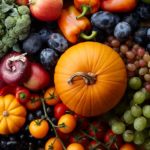 Autumn concept with seasonal fruits and vegetables