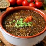 Delicious lentils soup on wooden background.