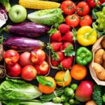 Food background with assortment of fresh organic fruits and vegetables
